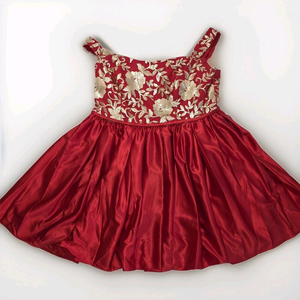 Red Satin Floral Embroidered Party Dress